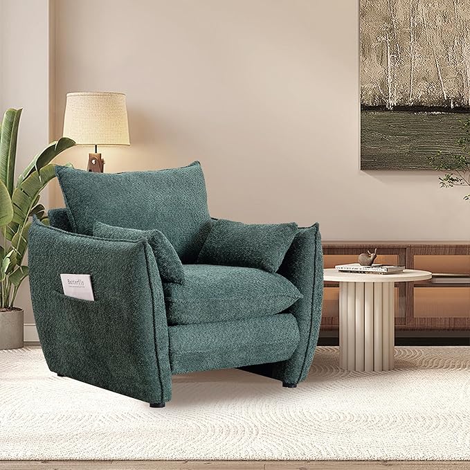 Chenille Oversized Accent Chairs Set of 2, Modern Oversized Armchair with Removable Pillow, Comfy Living Room Chair with Side Pocket Storage for Bedroom, Office, Green
