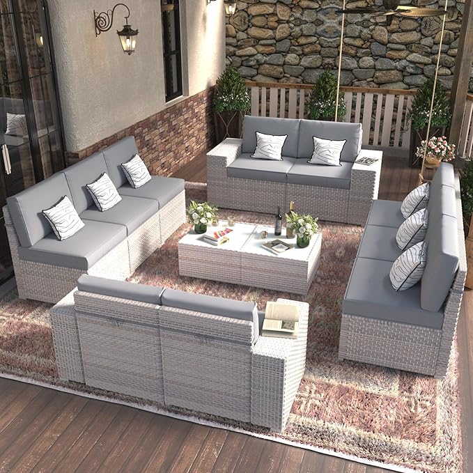 12-Piece Patio Furniture Set, Outdoor Extra Wide Armrest Modular Patio Sofa, Dual-Strand Rattan Wicker, Rust-Resistant Frame, Backyard High Back, Large Seat Furniture for Porch Garden Balcony, Grey