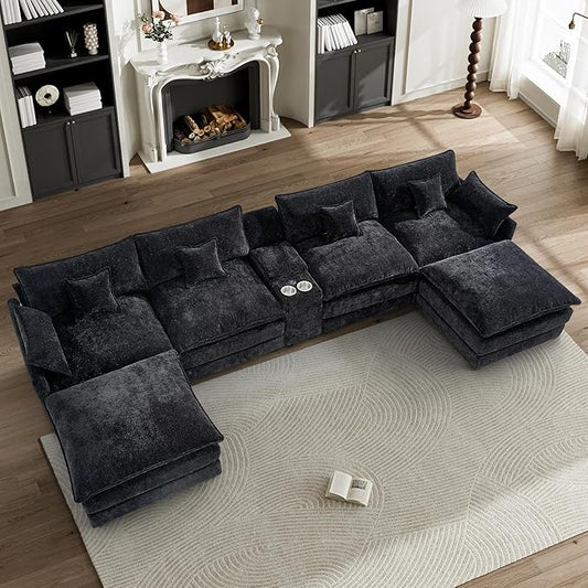 HYJT-H&K 145" U Shaped Cloud Couch Modular Black Fluffy Sectional Couches for Living Room, Comfy Chenille Oversized Cloud Couch Sectional, 6 Seat Large Sectionals Sofa Set Central Console USB