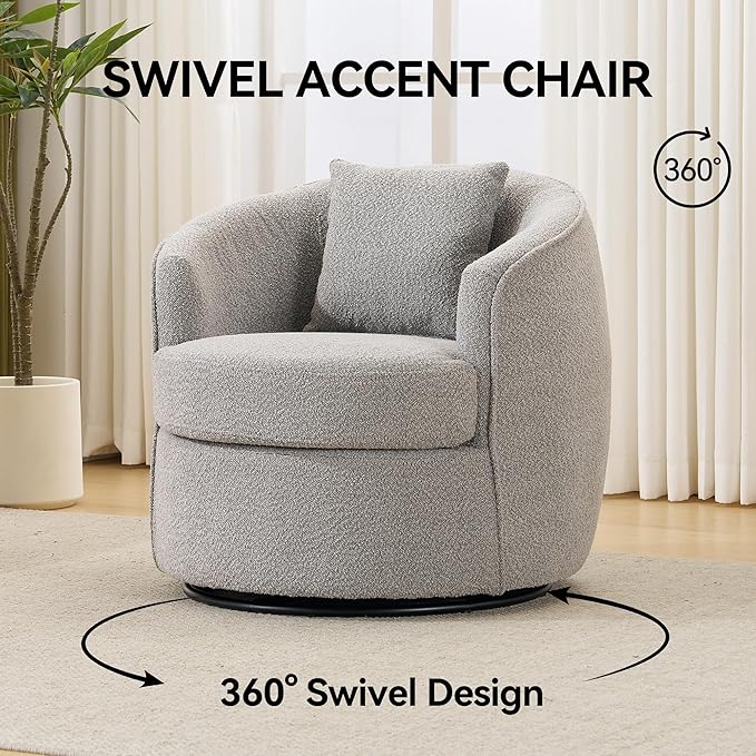 Swivel Accent Chair, Modern Upholstered Boucle Barrel Arm Chairs with Pillow for Living Room, 360 Degree Round Swivel Sherpa Armchair with Round Base for Bedroom Club (1, Grey)