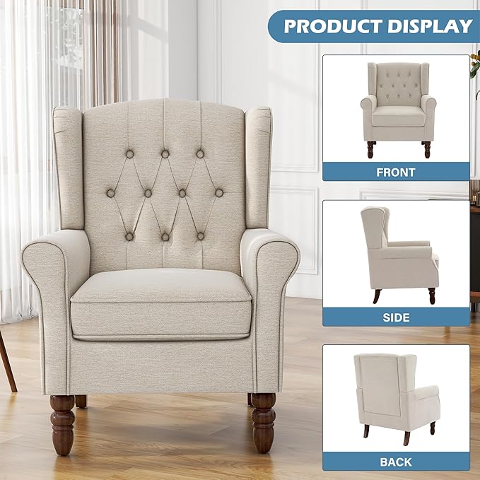 UIXE High Back Accent Chairs Set of 2, Fabric Upholstered Armchair Wingback Club Chair for Living Room, Comfy Single Sofa Bedroom Retro Reading Seat with Solid Wood Legs - Beige