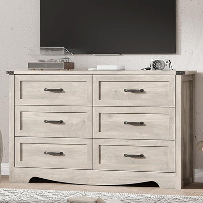 Dresser for Bedroom with 6 Drawers, 54" Wide Wood Chest of Drawers with Deep Drawers & Mental Handle, Modern Dresser TV Stand, Wooden Closet Storage Organizer for Living Room, Hallway, Entryway, Grey