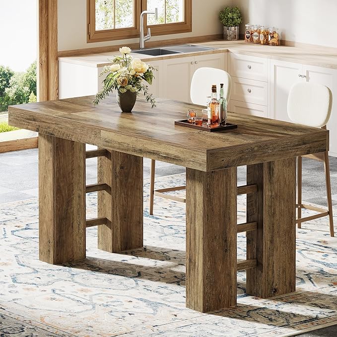Tribesigns 63-Inch Long Bar Table, Farmhouse Rectangular Counter Height Pub Table, Wood Home Bar Unit for Kitchen, Dining Room, Living Room, Rustic Brown (Table Only)
