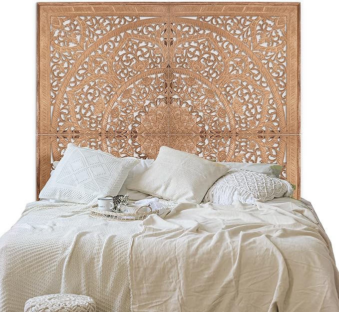 King Wood Headboard Rustic | Carved Full Head Board Only | Wooden Wall Art Full Size Bed | Wall Mount Decor King or Queen | Bed Headboard Panels