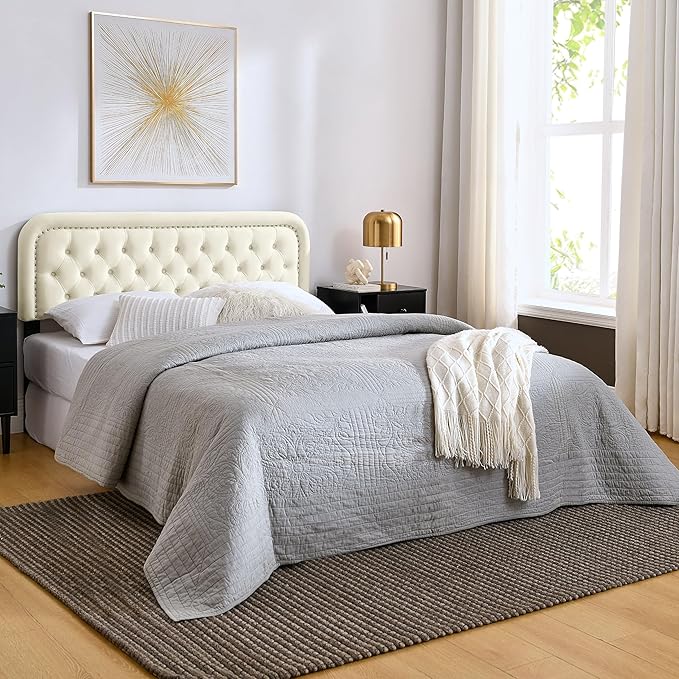Tufted Upholstered Headboard,Button Solid Wood HeadBoards with Adjustable Height,Modern Performance Velvet Bed Head Boards,Easy Install&Nailhead (Beige, Full)