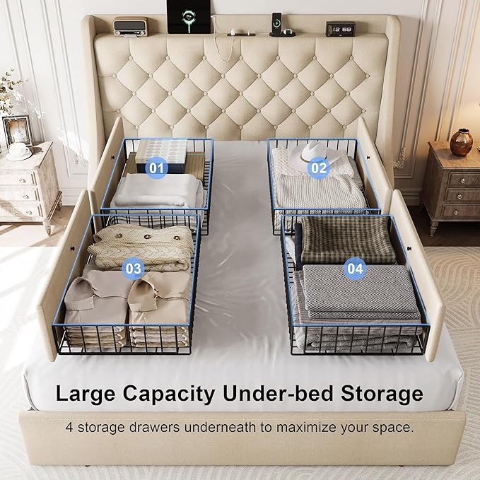 Queen Size Upholstered Platform Bed Frame with 4 Storage Drawers and Charging Station, Linen Button Tufted Wingback Headboard, Sturdy Wooden Support Slats, No Box Spring Needed, Beige