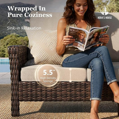 Luxury Patio Furniture Set with 5.5" Thick Cushion, Outdoor Wicker Conversation Set, 4 x High Back Swivel Patio Chairs with Tempered Glass Table, Waterproof 3-Seat Sofa for Deck Lawn Deck Yard, Beige