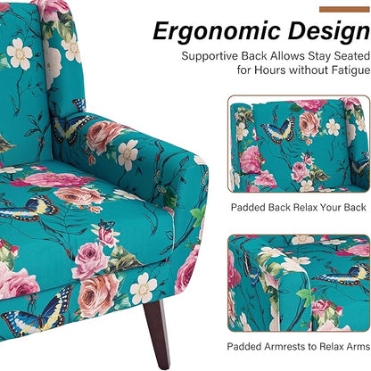 Accent Chairs Set of 2, Modern Fabric Armchairs for Living Room, Comfy Upholstered Arm Chairs Tufted for Indoor Bedroom Office Room (Pattern Blue)