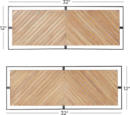 Deco 79 Wooden Geometric Home Wall Decor Linear Carved Wall Sculpture with Black Frame, Set of 2 Wall Art 32"W, 12"H, Brown