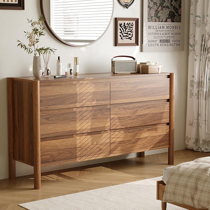 Dresser for Bedroom with 6 Drawers,47" Wide Walnut Dresser with 4 Solid Wood Legs, Wooden TV Stand,Closet Clothes Organizer for Bedroom, Hallway