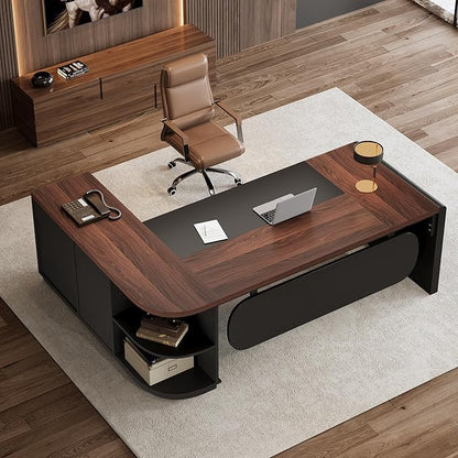 Tribesigns 81'' L-Shaped Executive Desk, Large Modern Office Desk with Drawers and File Cabinet for Home or Business Workspace, Computer Desk with Storage Shelves, Walnut & Black