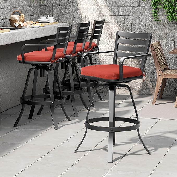 Pellebant Outdoor Bar Stools Set of 4 with Sunbrella Cushion, 29.5" Aluminum Swivel Bar Height Stool Chairs with Back & Footrest, Rust-Proof Patio Bartools for Deck Lawn Garden,Red