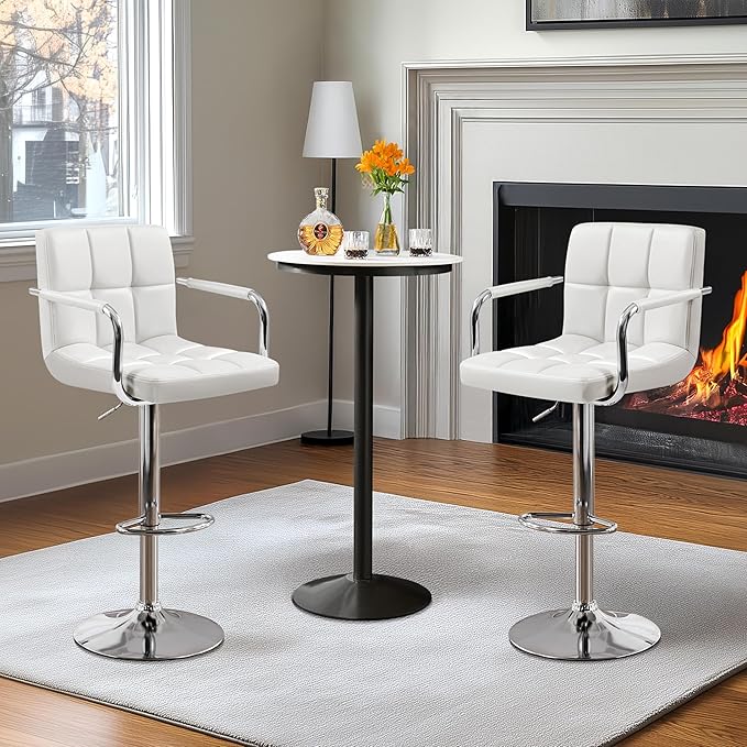 Yaheetech Bar Stools Set of 2, PU Leather Adjustable Swivel Barstools, Hydraulic Kitchen Counter Height Bar Chairs with Armrest and Back for Bar, Kitchen, Dining Room, White