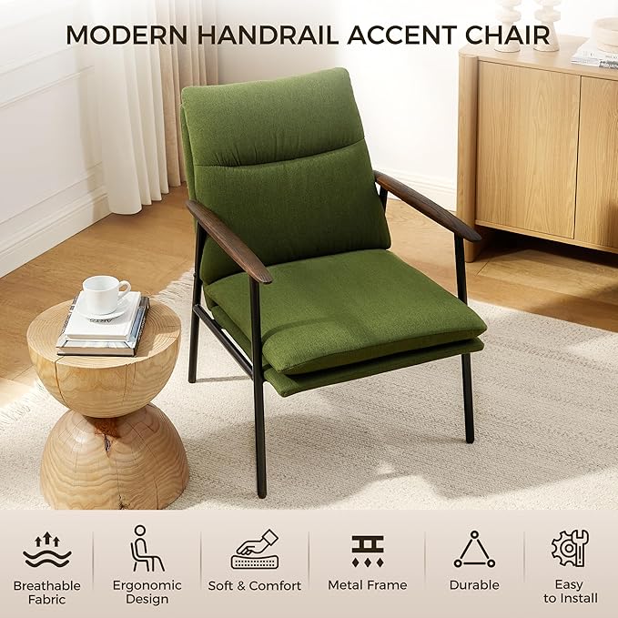 Art Leon Accent Chairs Set of 2-Mid Century Modern Accent Chairs Fabric Reading Bedroom Chair Armchair Wooden Arms Metal Frame Living Room Chair for Bedroom, Green