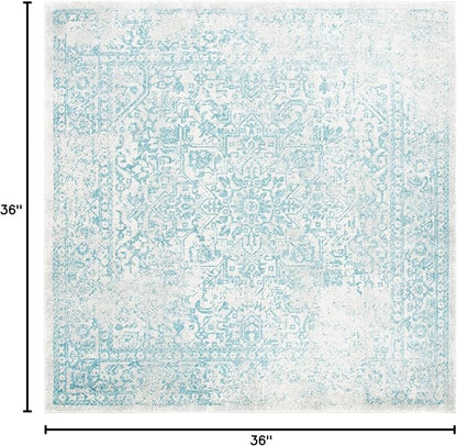 SAFAVIEH Evoke Collection Area Rug - 3' Square, Ivory & Aqua, Distressed Design, Non-Shedding & Easy to Clean, Ideal for Foyer, Bedroom, Accent Space (EVK256J)