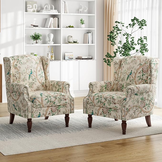 Pia Ricco High Back Floral Accent Chair - Retro Wingback Upholstered Armchair with Nailhead Trim, Solid Wood Legs, Fabric Living Room Bedroom Home Office Reading Chair (Bird Pattern)