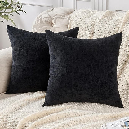 GAWAMAY Decorative Chenille Throw Pillow Covers 24x24 Inch Pack of 2, Soft Square Couch Pillow Cover for Sofa Cushion Living Room Bedroom Solid Dyed Pillowcases Black 60x60cm (ONLY Covers)