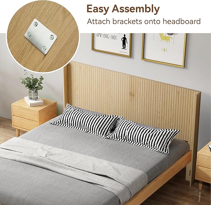 Wood Headboard, 64.5" Wide Headboard for Queen Size Bed, Wall Mounted Fluted Panel, Wingback Modern Headboards,(Oak,Queen)