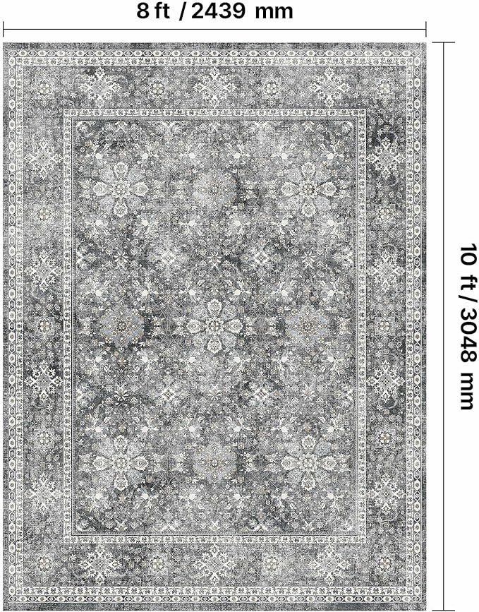 VEVOR 8 x 10 ft Area Rug Large Washable Rug Non-Slip and Tear-Resistant Soft Carpet Pet & Child Friendly Vintage Area Rugs Indoor Mat for Bedroom Living Room Kids Room Entryway Office Gray