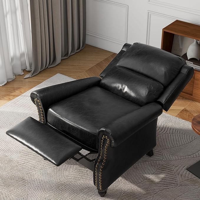 UIXE Pushback Recliner Chairs Set of 2, PU Leather Armchair Push Back Accent Chair, Rivet Trim Club Chair Home Theater Overstuffed Single Sofa Reading Seat for Living Room, Black