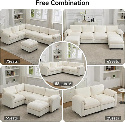 87'' V-Shaped Sectional Sofa Couch, 5-Seater Modular Couches for Living Room, Corduroy Deep Seat Cloud Sofa with Center Stitched, Beige