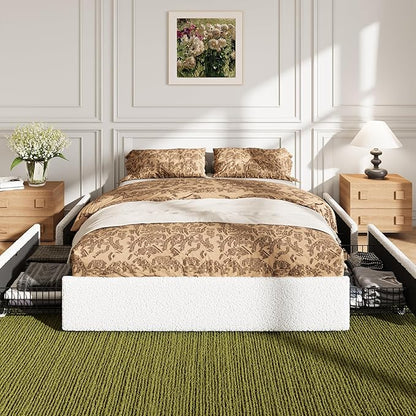 Allewie Queen Size Bed Frame with 4 Oversized Storage Drawers, Soft Teddy Fabric, Boucle Upholstered Platform Bed, Wooden Slats Support, Noise-Free, No Box Spring Needed, Easy Assembly, White