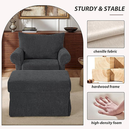 Modern Accent Chairs with Ottoman, Comfy Chenille Reading Armchair with Rolled Arms and Cushion Backrest, 35.8" W Chaise Lounge Chair for Living Room, Bedroom, Study, Apartment, Dark Grey