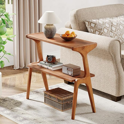 Tribesigns Narrow Side Table, 2-Tier Solid Wood End Table with Storage, Modern Tall Couch Side Table for Living Room, Slim Bedside Table for Bedroom, Small Spaces, Cherry