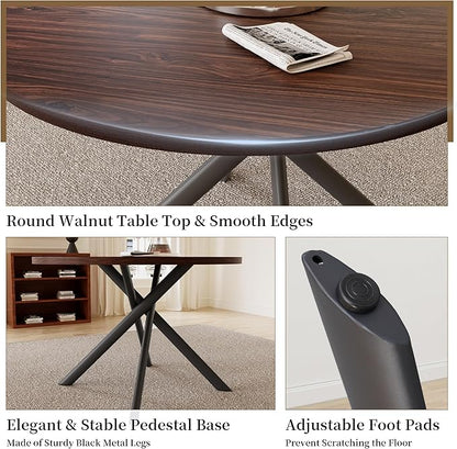 45.3 Inch Round Dining Table Set for 4, Mid Century Modern Small Coffee Set for Dining Room Kitchen Apartment (Dark Walnut Table + 4 U-Shaped Brown Chairs)