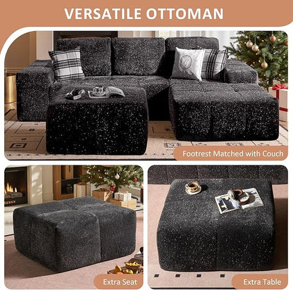 37.8" Glitter Velvet Ottoman for Couch, Memory Foam Cloud Boneless Sectional Couch for Living Room Foot Stools No Assembly Require (Sparkly Velvet, Gray)