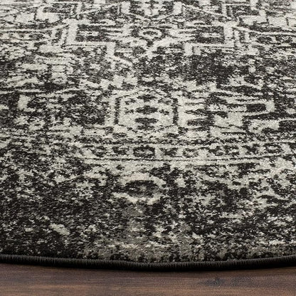 SAFAVIEH Evoke Collection Area Rug - 3' Round, Black & Grey, Distressed Design, Non-Shedding & Easy to Clean, Ideal for Foyer, Bedroom, Accent Space (EVK256R)