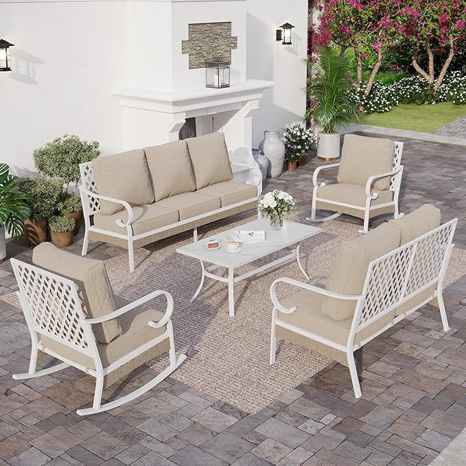 6 PCS Metal Outdoor Patio Furniture Set, Patio Conversations Sets 3-Seater Sofa, 2-Seater Sofa, 2 Rocking Chair with 5.75" Thick Cushion & Coffee Table White Backyard Furniture, Beige