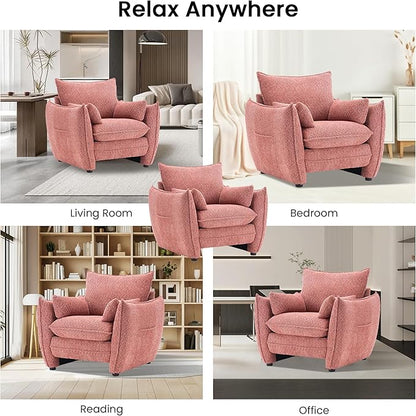 Chenille Oversized Accent Chairs, Modern Oversized Armchair with Removable Pillow, Comfy Living Room Chair with Side Pocket Storage for Bedroom, Office, Pink