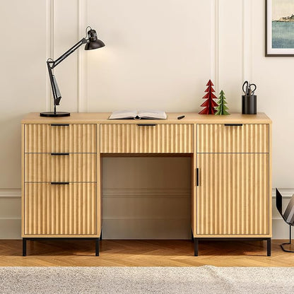 55" Fluted Executive Desk, Modern Home Office Desk with Charging Station, Keyboard Tray, File Drawer, Storage Cabinet for Work Study Writing Desk, Natural Oak