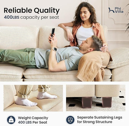 PHI VILLA Cloud Modular Couches Sets, 123.6" Long Sectional Sofa with Upholstered Deep Seat, 3-Seater Couch for Living Room Small Spaces, Chenille Corduroy Dual Fabric, Beige
