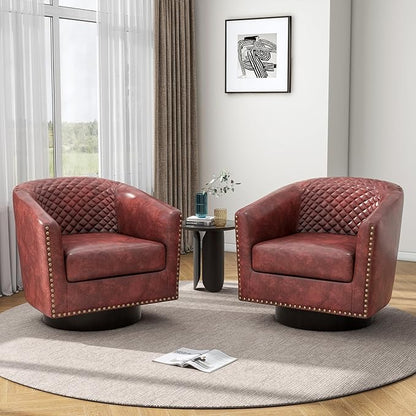 Pia Ricco Faux Leather Swivel Barrel Accent Chairs, 360° Swivel Round Single Sofa Chair, Comfy Upholstered Club Armchair with Nailhead Trim for Living Room/Reading Room/Bedroom, Red Brown