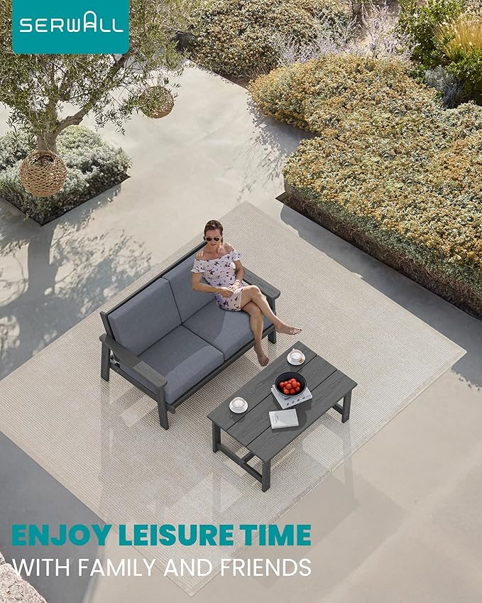SERWALL HDPE Outdoor Patio Loveseat, Grey Frame and Grey Cushion