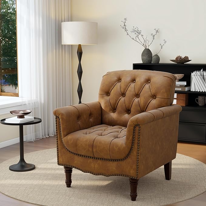 UIXE Faux Leather Accent Chairs Set of 2, Comfy Club Chair Upholstered Armchair for Living Room, Button Tufted Arm Chair Retro Single Sofa Side Reding Seat for Bedroom - Camel