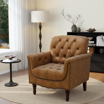 UIXE Faux Leather Accent Chairs Set of 2, Comfy Club Chair Upholstered Armchair for Living Room, Button Tufted Arm Chair Retro Single Sofa Side Reding Seat for Bedroom - Camel