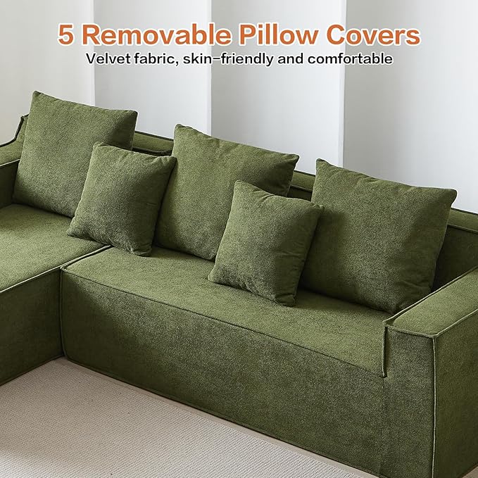 Modular Sectional Sofa, Boneless Cloud Sectional Couch with L-Shaped Lounge Chair, Soft Compressed Couch Memory Foam Sofa for Living Room, No Assembly Required (Green, Velvet)