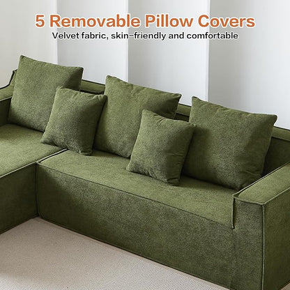 Modular Sectional Sofa, Boneless Cloud Sectional Couch with L-Shaped Lounge Chair, Soft Compressed Couch Memory Foam Sofa for Living Room, No Assembly Required (Green, Velvet)