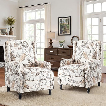 Recliner Chair, Upholstered Wingback Floral Pushback Armchair with Adjustable Backrest & Footrest, Comfy Accent Chair for Small Spaces, Living Room, Bedroom-Plants Beige, Set of 1