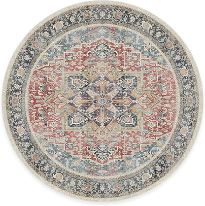 RUGGABLE Washable Vintage Area Rug – Kamran Cayenne Red 6 ft Round, Stain-Resistant, Non-Slip – Medium Machine Washable Rugs for Living Room, Bedroom, Hallway, Entryway & Office–with Standard Pad