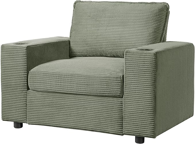 Christopher Knight Home Zoe Oversized Chaise Lounge Chair Indoor with Cup Holders & USB Charging Port, Corduroy Upholstered Sofa Bed + Ottoman with Storage, Comfy Deep Seat Sleeper Sofa Chair, Green