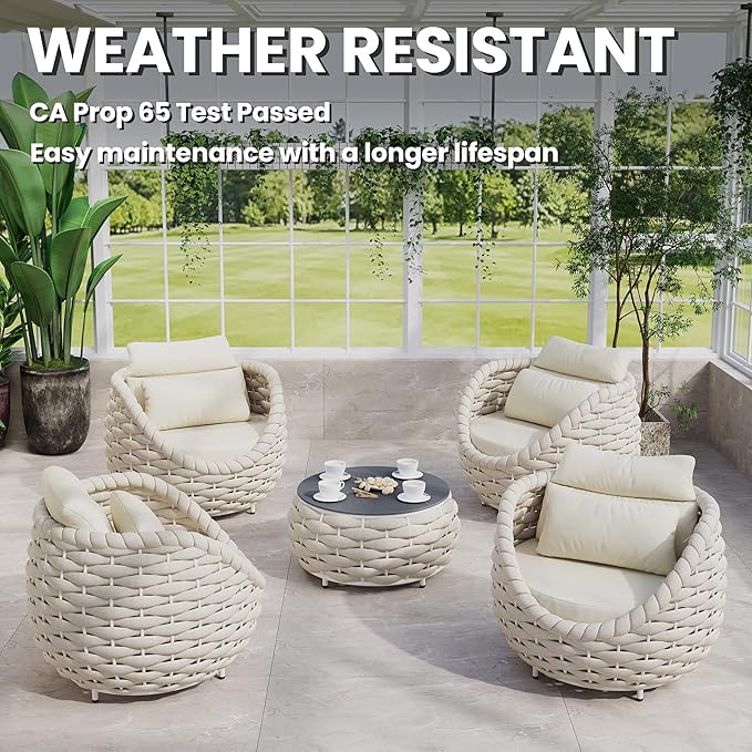 Woven Rope Patio Furniture Set: 5 Pieces Aluminum Outdoor Conversation Sofa Set All Weather - Cushioned Modern Deck Couch Set Assembled for 400lbs Front Porch Garden Lanai Sunroom Hotel, Beige