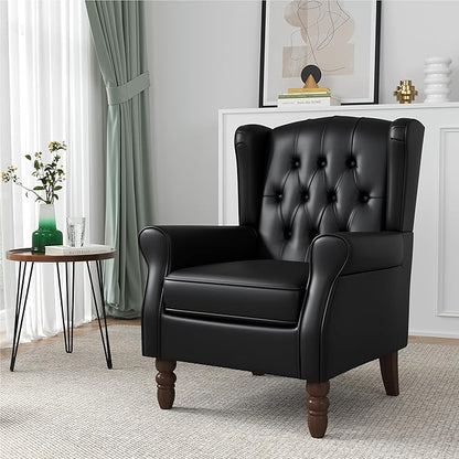 High Back Accent Chairs Set of 2, Faux Leather Wingback Chair for Living Room, Button-Tufted Upholstered Armchair with Solid Wood Legs, Comfy Single Sofa Reading Chair for Bedroom, Black