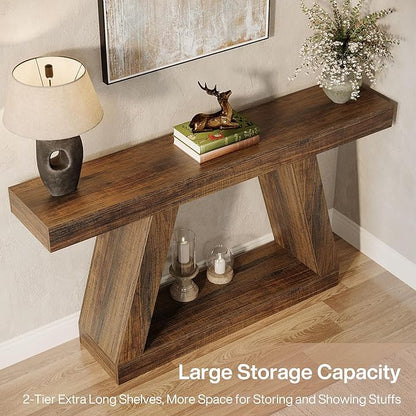 Tribesigns Farmhouse Console Table, 55-Inch Rustic Sofa Table with Storage, Industrial Wooden Entryway Table for Hallway, Living Room, Dark Brown