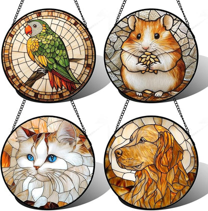 Stained Glass Window Hanging 4 Pcs Set Cute Cat and Dog 9.8" - Animal Suncatcher Door Garden Sun Catcher Decor Birthday Mother's Day for Mom Woman Nana Girl Boy Friend