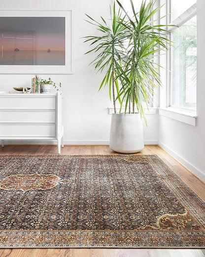Loloi Layla Collection LAY-09 Cobalt Blue/Spice 7'-6" x 9'-6" .13" Thick Area Rug, Soft, Durable, Vintage Inspired, Distressed, Low Pile, Non-Shedding, Easy Clean, Printed, Living Room Rug