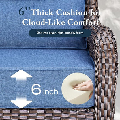 Belord Luxury 6" Thick Cushioned 8 Pieces Patio Furniture Set with Outdoor Couch, Wicker Outdoor Conversation Set with High Back Swivel Rocker Chairs for Deck Porch Yard and Poolside - Brown+Blue